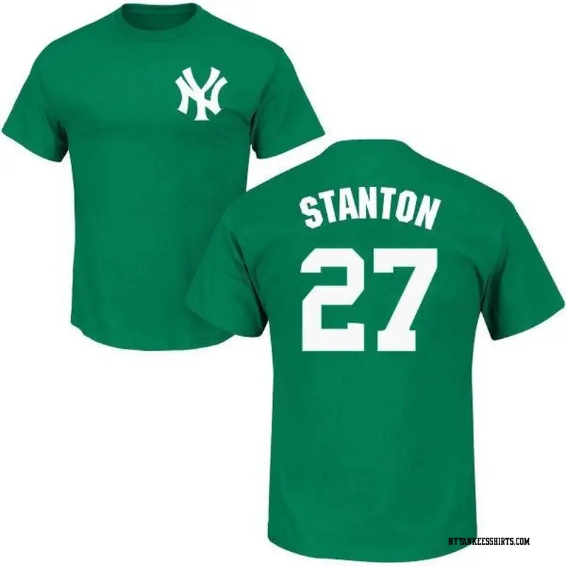 Men's New York Yankees ＃27 Giancarlo Stanton Green St. Patrick's Day Roster Name & Number T-Shirt