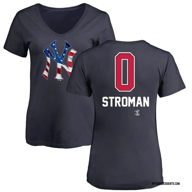 Women's New York Yankees ＃0 Marcus Stroman Navy Name and Number Banner Wave V-Neck T-Shirt