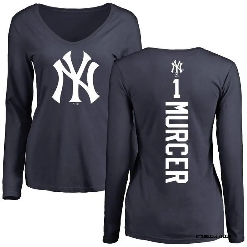 Women's New York Yankees ＃1 Bobby Murcer Navy Backer Slim Fit Long Sleeve T-Shirt