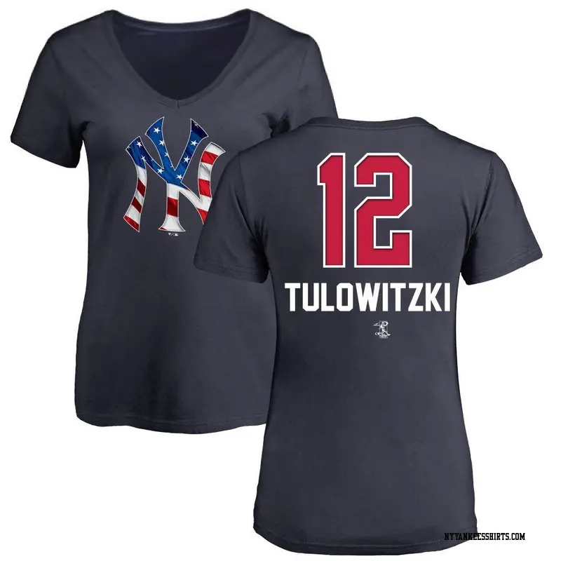 Women's New York Yankees ＃12 Troy Tulowitzki Navy Branded Name and Number Banner Wave V-Neck T-Shirt