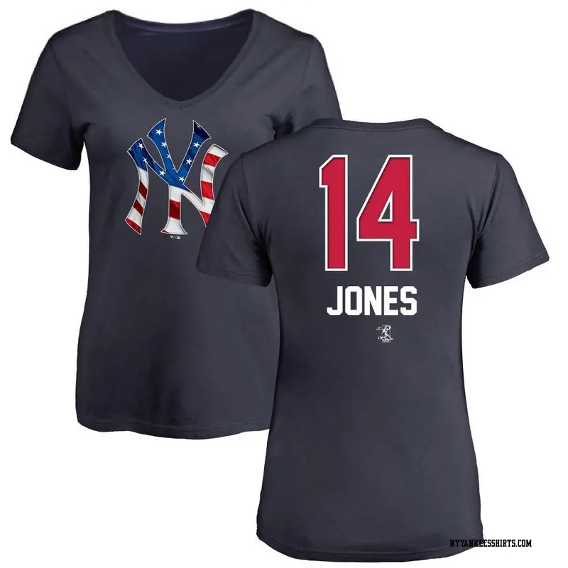 Women's New York Yankees ＃14 Jahmai Jones Navy Name and Number Banner Wave V-Neck T-Shirt