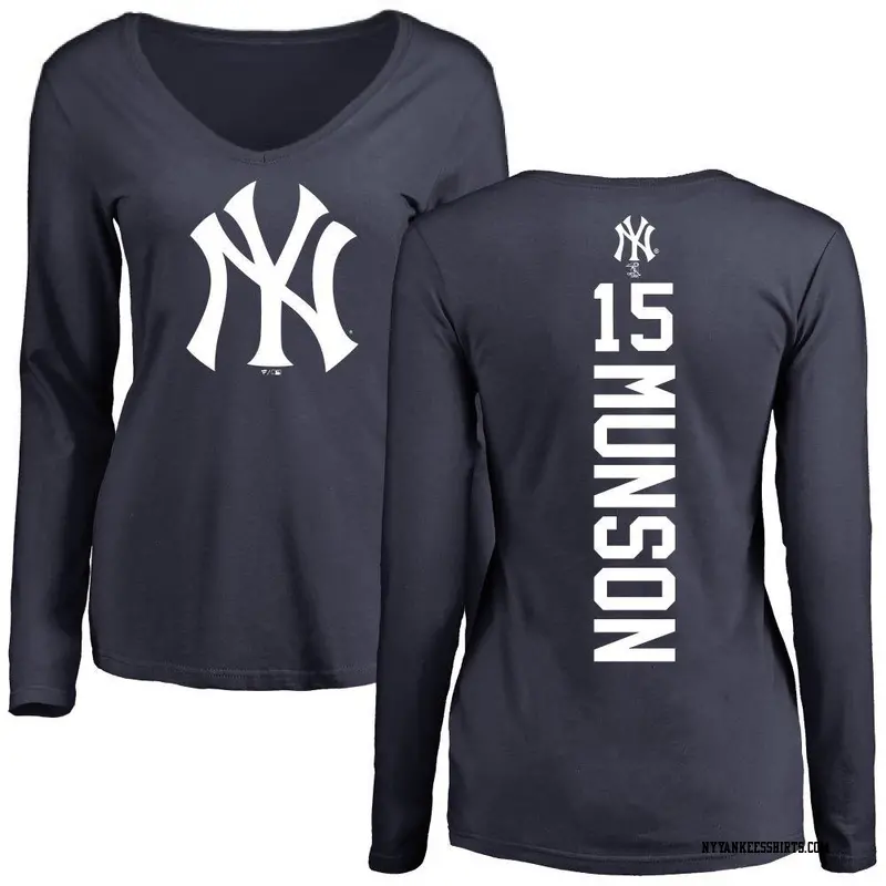 Women's New York Yankees ＃15 Thurman Munson Navy Backer Slim Fit Long Sleeve T-Shirt