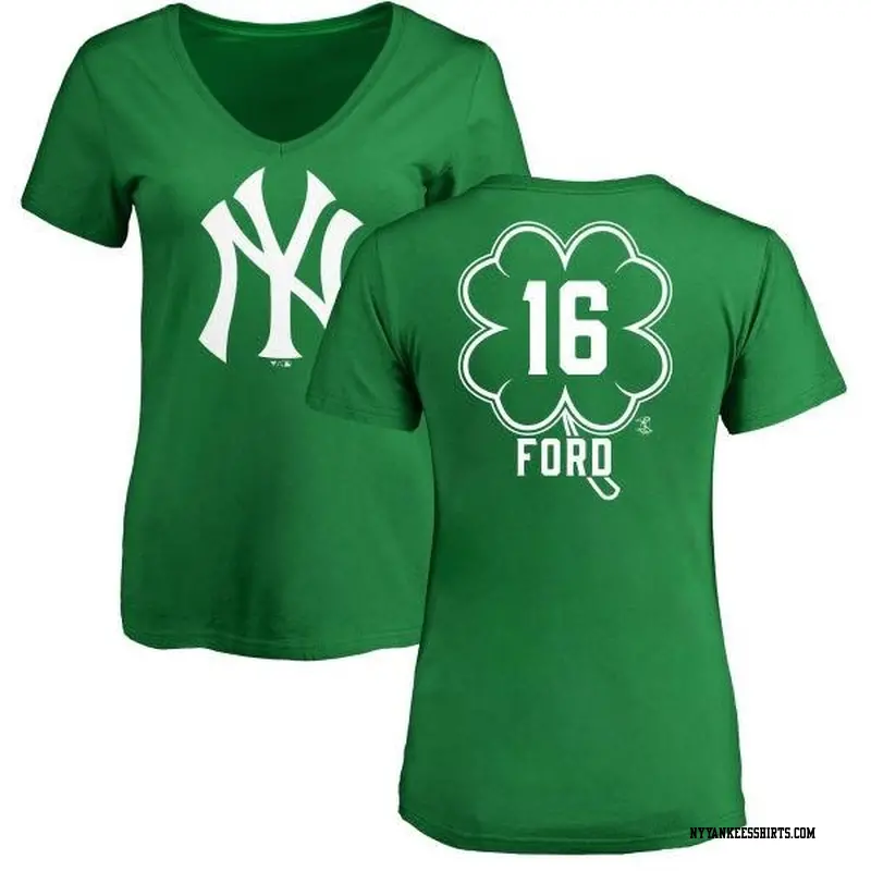 Women's New York Yankees ＃16 Whitey Ford White Branded Dubliner y Ford Name & Number V-Neck T-Shirt Kelly Green