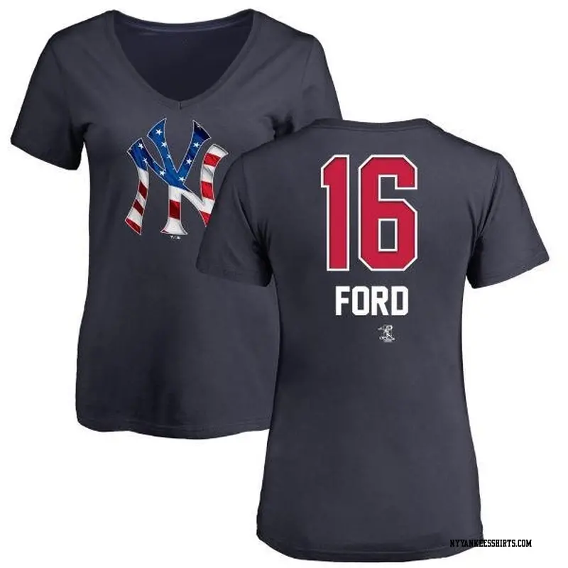 Women's New York Yankees ＃16 Whitey Ford White Branded y Ford Name and Number Banner Wave V-Neck T-Shirt Navy