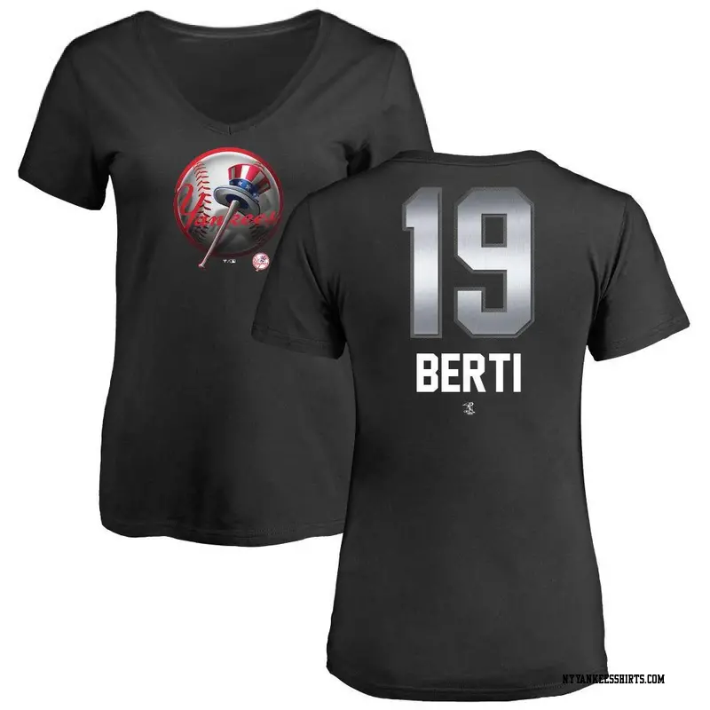 Women's New York Yankees ＃19 Jon Berti Black Midnight Mascot V-Neck T-Shirt