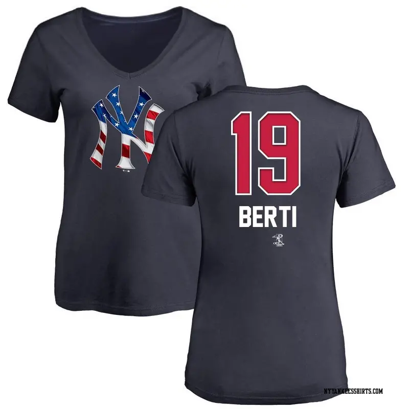 Women's New York Yankees ＃19 Jon Berti Navy Name and Number Banner Wave V-Neck T-Shirt