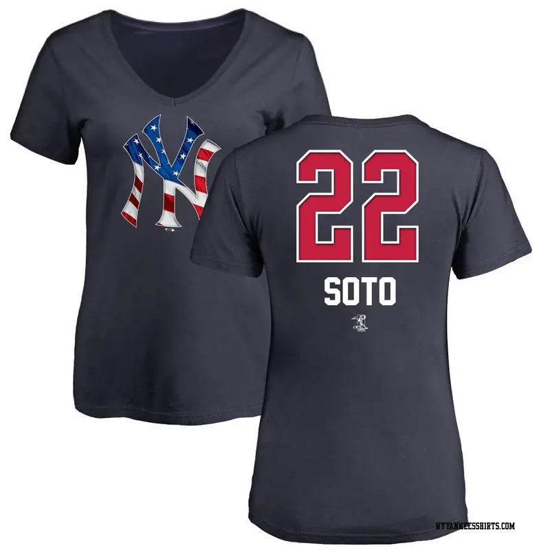 Women's New York Yankees ＃22 Juan Soto Navy Name and Number Banner Wave V-Neck T-Shirt