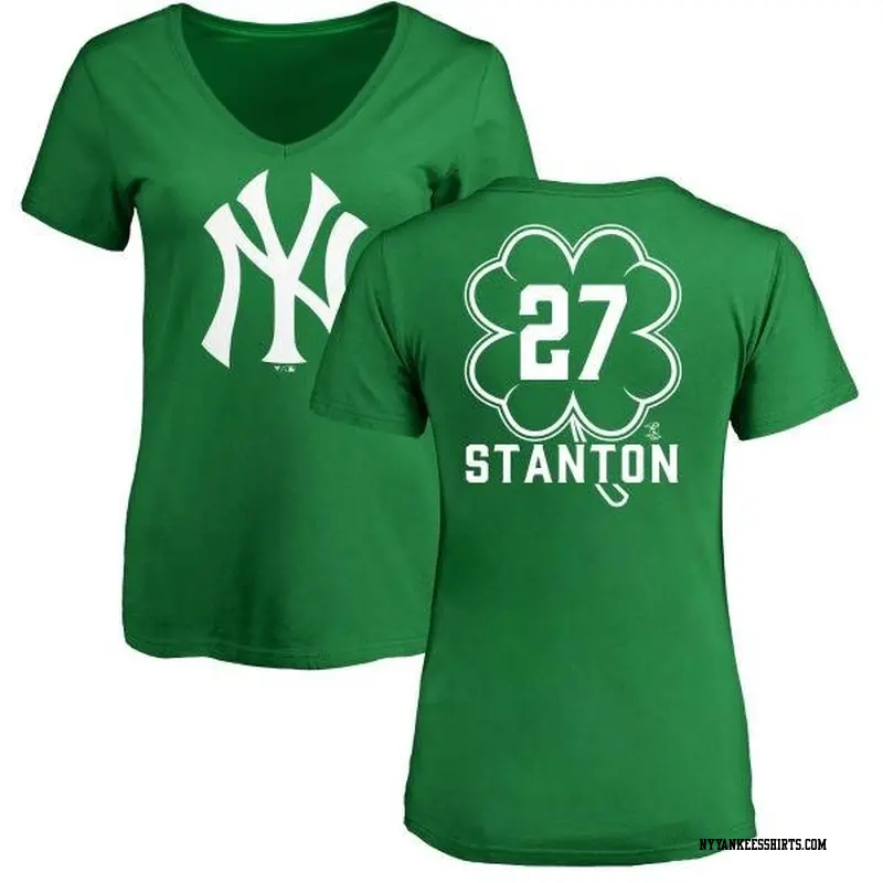 Women's New York Yankees ＃27 Giancarlo Stanton Green Branded Dubliner Name & Number V-Neck T-Shirt Kelly