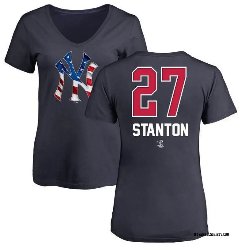 Women's New York Yankees ＃27 Giancarlo Stanton Navy Branded Name and Number Banner Wave V-Neck T-Shirt