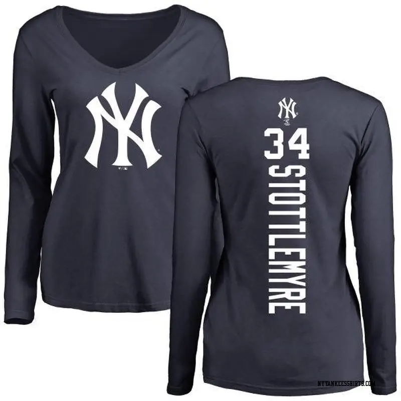 Women's New York Yankees ＃34 Mel Stottlemyre Navy Backer Slim Fit Long Sleeve T-Shirt