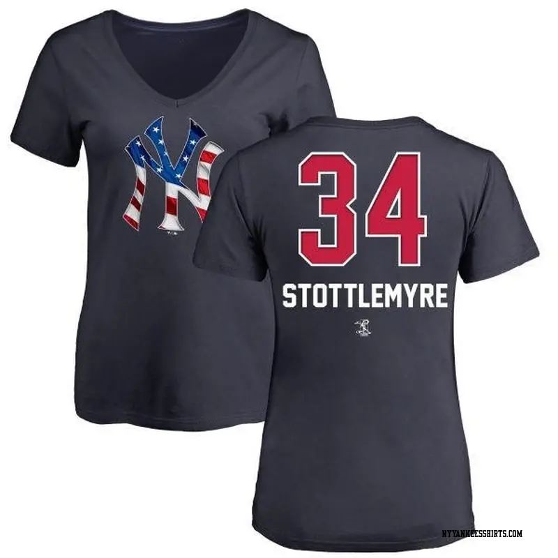 Women's New York Yankees ＃34 Mel Stottlemyre Navy Branded Name and Number Banner Wave V-Neck T-Shirt