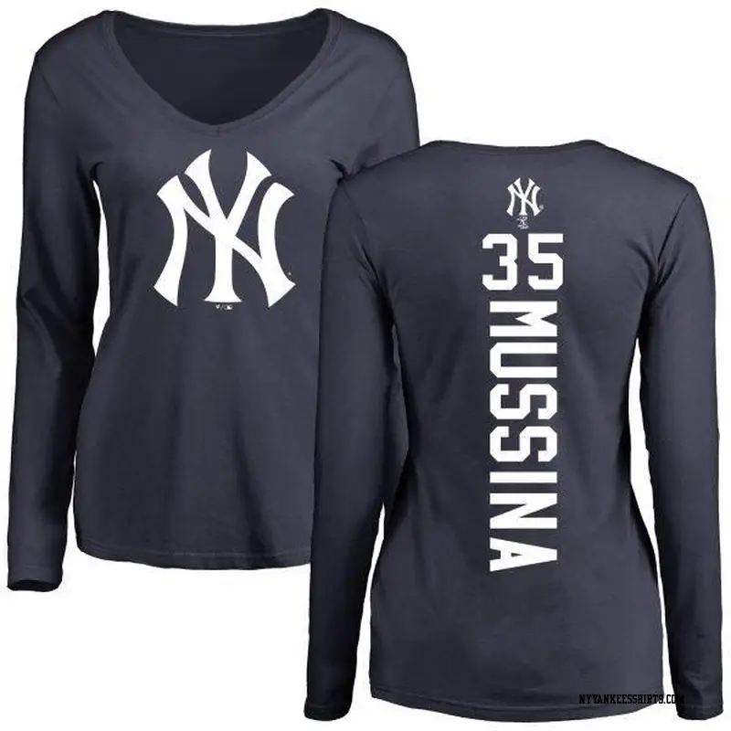 Women's New York Yankees ＃35 Mike Mussina Navy Backer Slim Fit Long Sleeve T-Shirt