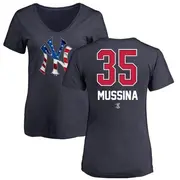 Women's New York Yankees ＃35 Mike Mussina Navy Branded Name and Number Banner Wave V-Neck T-Shirt