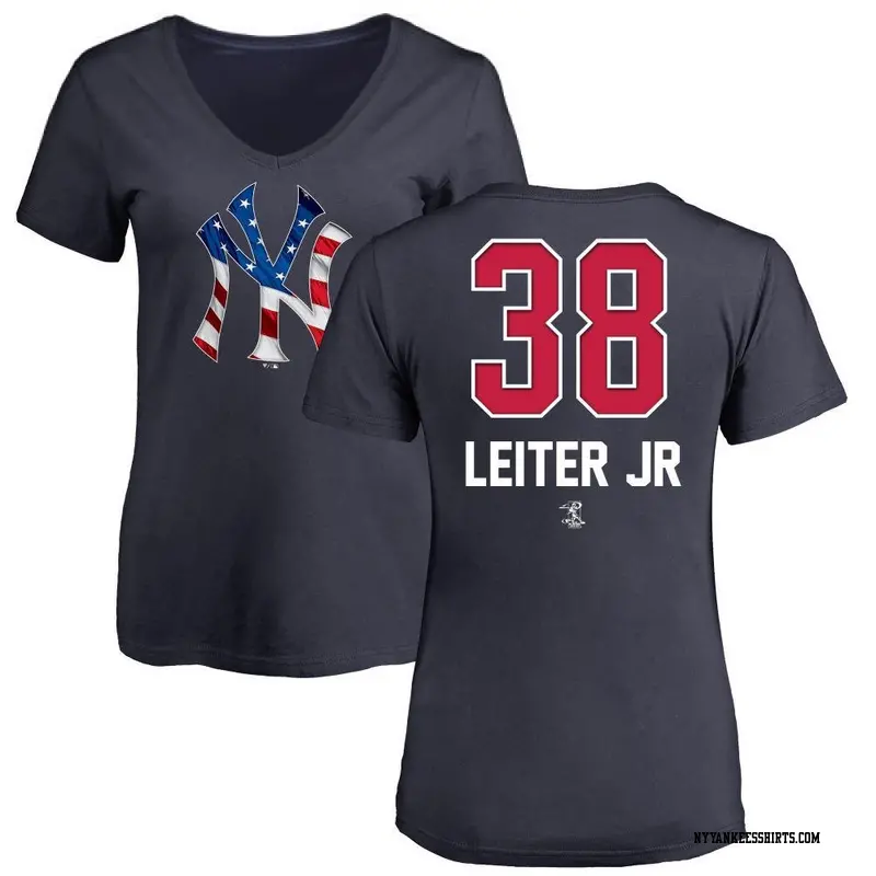 Women's New York Yankees ＃38 Mark Leiter Jr. Navy Name and Number Banner Wave V-Neck T-Shirt