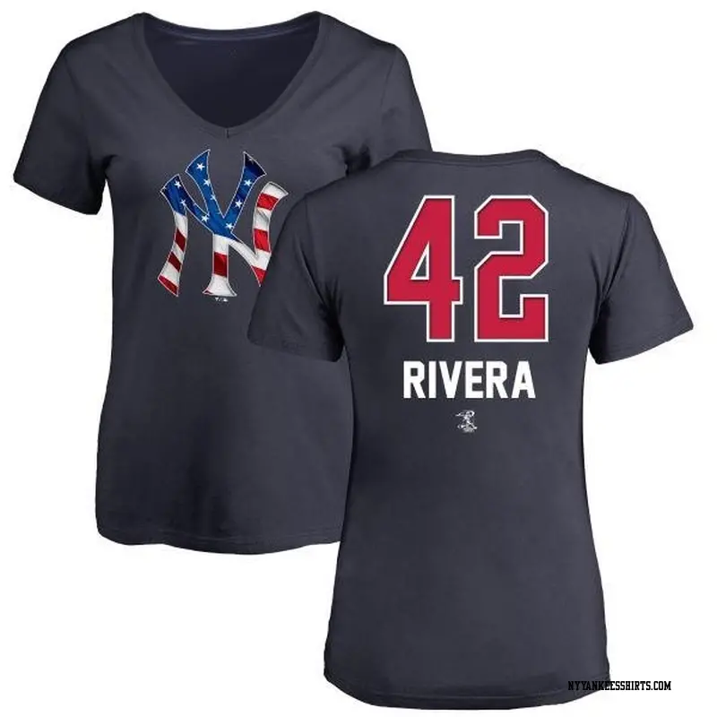 Women's New York Yankees ＃42 Mariano Rivera Navy Branded Name and Number Banner Wave V-Neck T-Shirt