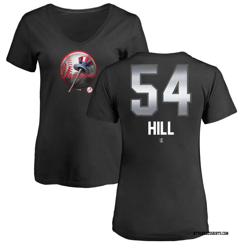 Women's New York Yankees ＃54 Tim Hill Black Midnight Mascot V-Neck T-Shirt