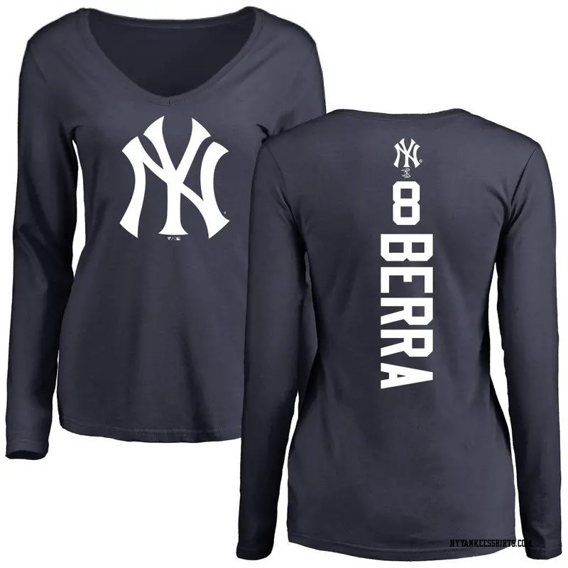 Women's New York Yankees ＃8 Yogi Berra Navy Backer Slim Fit Long Sleeve T-Shirt