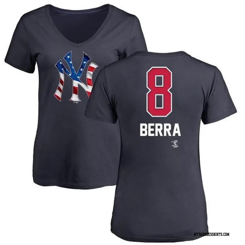 Women's New York Yankees ＃8 Yogi Berra Navy Branded Name and Number Banner Wave V-Neck T-Shirt