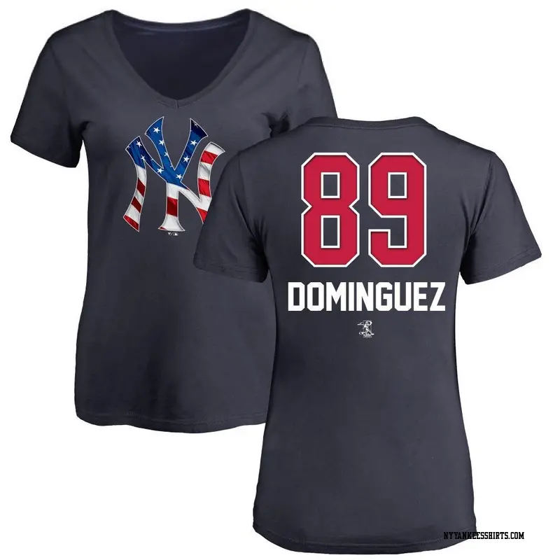 Women's New York Yankees ＃89 Jasson Dominguez Navy Name and Number Banner Wave V-Neck T-Shirt