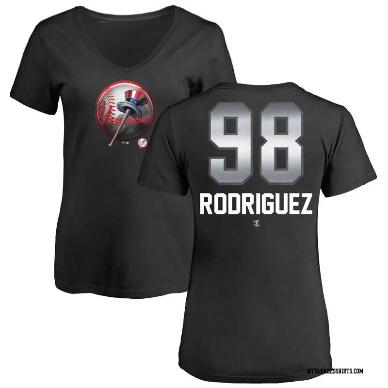 Women's New York Yankees ＃98 Wilson Rodriguez Black Midnight Mascot V-Neck T-Shirt